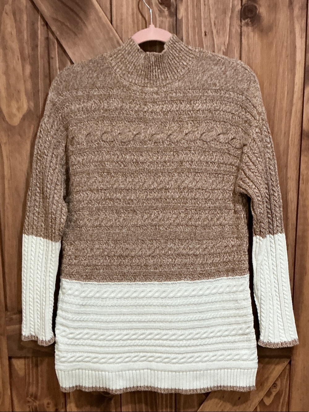Talbots Two-Tone Cable Knit Turtleneck Sweater - Brown & Cream